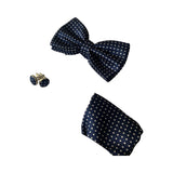 Mens Navy Checkered Matching Bow Tie, Pocket Square & Cuff Links Set