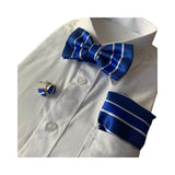 Mens Blue Textured Stripe Matching Bow Tie, Pocket Square & Cuff Links Set