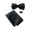 Mens Black Zig Zag Matching Bow Tie, Pocket Square & Cuff Links Set