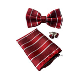 Mens Red Textured Stripe Bow Tie, Pocket Square & Cuff Links Set