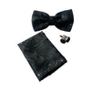 Mens Black Paisley Tinsel Matching Bow Tie, Pocket Square & Cuff Links Set