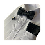 Mens Black Paisley Tinsel Matching Bow Tie, Pocket Square & Cuff Links Set