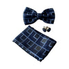 Mens Navy Rectilinear Matching Bow Tie, Pocket Square & Cuff Links Set