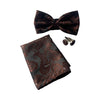 Mens Dark Brown Paisley Tinsel Matching Bow Tie, Pocket Square & Cuff Links Set