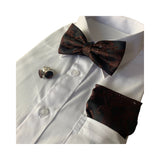 Mens Dark Brown Paisley Tinsel Matching Bow Tie, Pocket Square & Cuff Links Set