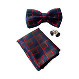 Mens Navy & Dark Red Maze Matching Bow Tie, Pocket Square & Cuff Links Set