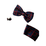 Mens Navy & Dark Red Maze Matching Bow Tie, Pocket Square & Cuff Links Set