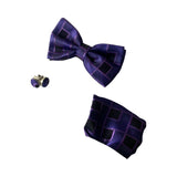 Mens Purple Rectilinear Matching Bow Tie, Pocket Square & Cuff Links Set