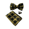 Mens Gold Rectilinear Matching Bow Tie, Pocket Square & Cuff Links Set