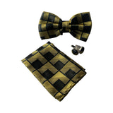 Mens Gold Rectilinear Matching Bow Tie, Pocket Square & Cuff Links Set