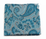 Mens Turquoise & Silver Boho Paisley Silk Pocket Square