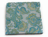 Mens Turquoise And Silver Boho Paisley Silk Pocket Square