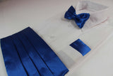 Mens Blue Cummerbund & Matching Plain Bow Tie And Pocket Square Set