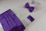 Mens Purple Cummerbund & Matching Plain Bow Tie And Pocket Square Set