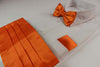 Mens Orange Cummerbund & Matching Plain Bow Tie And Pocket Square Set