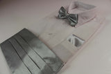 Mens Silver Cummerbund & Matching Plain Bow Tie And Pocket Square Set