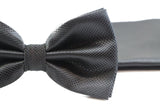Mens Black Plain Coloured Checkered Bow Tie & Matching Pocket Square Set