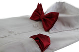 Mens Dark Red Plain Coloured Checkered Bow Tie & Matching Pocket Square Set