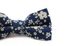 Mens Navy & White Flowers Cotton Bow Tie & Pocket Square Set