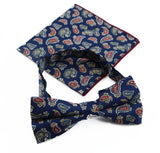 Mens Navy, Red, White, Yellow & Blue Paisley Cotton Bow Tie & Pocket Square Set