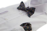 Mens Navy, Cream, Green Paisley Cotton Bow Tie & Pocket Square Set