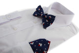 Mens Navy, With Red & White Clover Cotton Bow Tie & Pocket Square Set