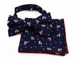 Mens Navy, With Red & White Clover Cotton Bow Tie & Pocket Square Set