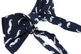 Mens Navy With White Moustache Cotton Bow Tie & Pocket Square Set