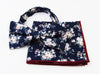 Mens Navy With Cream Flowers Cotton Bow Tie & Pocket Square Set