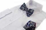 Mens Navy With White Flowers Cotton Bow Tie & Pocket Square Set