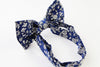 Mens Navy With White Flowers Cotton Bow Tie & Pocket Square Set