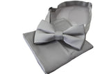 Mens Quality Silver Plain Bow Tie & Matching Pocket Square Set