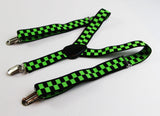 Boys Adjustable Green & Black Checkered Patterned Suspenders