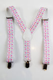 Boys Adjustable White With Purple, Yellow & Pink Stars Patterned Suspenders