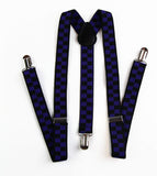 Mens Adjustable Black & Dark Purple Checkered Patterned Suspenders