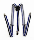 Mens Adjustable Blue, White & Black Striped Patterned Suspenders