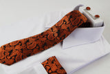 Mens Orange & Black Boho Paisley Matching Neck Tie, Pocket Square, Cuff Links And Tie Clip Set