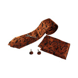 Mens Orange & Black Boho Paisley Matching Neck Tie, Pocket Square, Cuff Links And Tie Clip Set