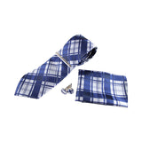 Mens Navy & Silver Checkered Matching Neck Tie, Pocket Square, Cuff Links And Tie Clip Set