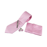 Mens Pink Striped Matching Neck Tie, Pocket Square, Cuff Links And Tie Clip Set