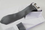 Mens Gunmetal & Silver Striped Matching Neck Tie, Pocket Square, Cuff Links And Tie Clip Set