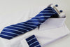Mens Dark Blue & White Striped Matching Neck Tie, Pocket Square, Cuff Links And Tie Clip Set