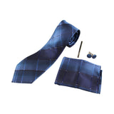 Mens Ocean Blue Checkered Matching Neck Tie, Pocket Square, Cuff Links And Tie Clip Set