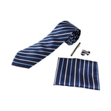 Mens Navy Striped Matching Neck Tie, Pocket Square, Cuff Links And Tie Clip Set