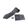 Mens Black & Silver Houndstooth Checkered Neck Tie, Pocket Square, Cuff Links And Tie Clip Set