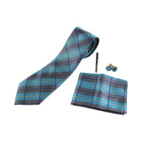 Mens Grey, Sky Blue & Navy Checkered Matching Neck Tie, Pocket Square, Cuff Links And Tie Clip Set