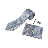 Mens Silver Boho Paisley Matching Neck Tie, Pocket Square, Cuff Links And Tie Clip Set