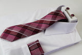 Mens Maroon & Pink Checkered Matching Neck Tie, Pocket Square, Cuff Links And Tie Clip Set