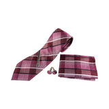 Mens Maroon & Pink Checkered Matching Neck Tie, Pocket Square, Cuff Links And Tie Clip Set