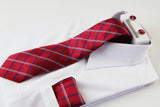 Mens Red & Navy Checkered Matching Neck Tie, Pocket Square, Cuff Links And Tie Clip Set